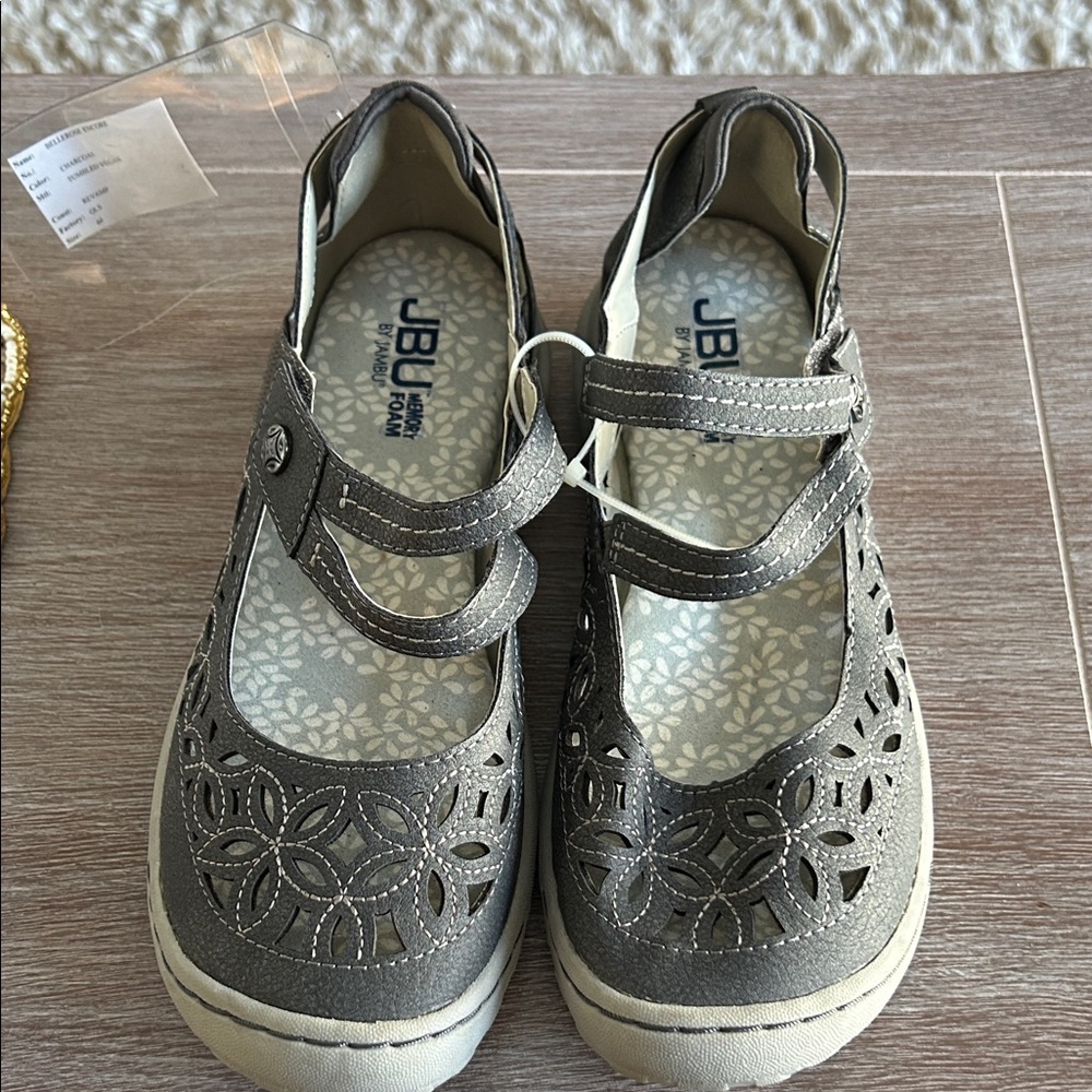 JBU Charcoal Floral Cutout Mary Jane Shoes